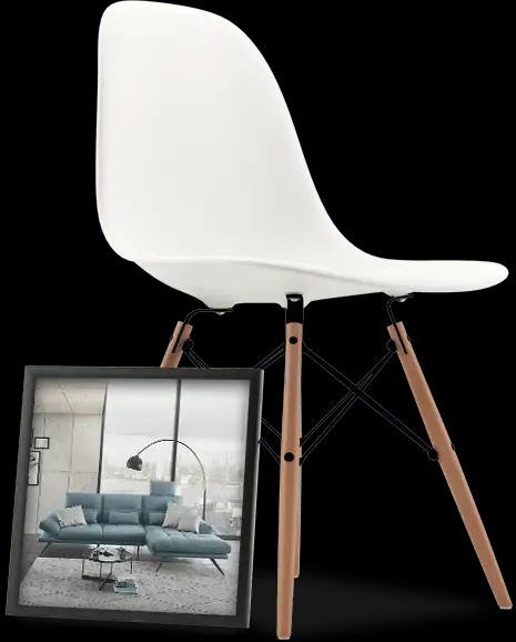 Weißer Schalenstuhl im Eames-Design mit Holzbeinen neben gerahmtem Bild einer modernen Wohnzimmerszene