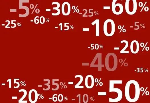 Sale-Banner mit verschiedenen Rabattaktionen von 5% bis 60% auf rotem Hintergrund